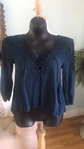 Forever 21 Cold Shoulder Top Boho Hippie Elastic Sleeve Tie Front Gypsy Teal - Picture 1 of 7