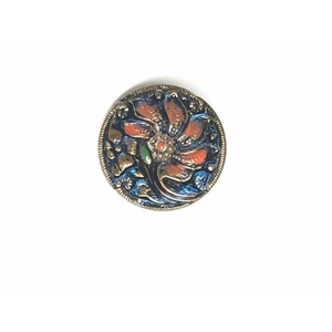 Vintage Glass Button - Mirror Back Iridescent Blue with Red & Gold Flower 7/8" - Picture 1 of 1