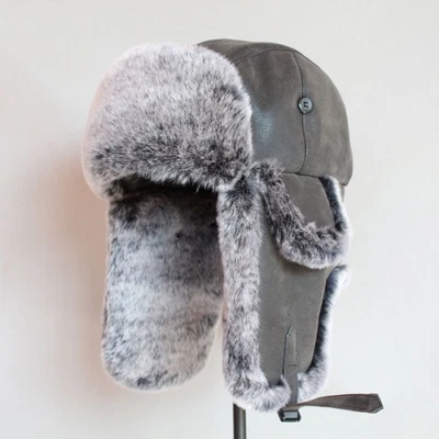 Hat Winter Men Warm Hat with Ear Flap Pu Leather  Fur Trapper Cap Earflap - Image 1 of 4