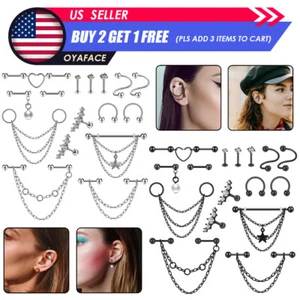 6-16PCS Industrial Barbell Surgical Steel Chain Tragus Earrings Piercing 14G 16G - Picture 1 of 10