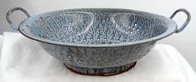 Blue Gray Enamelware Graniteware Marble Metal Colander Strainer Handles Vintage - Image 1 of 4