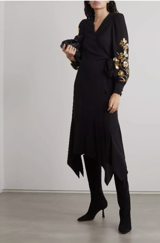 Abito midi Defect Tory Burch RICAMATO AVVOLGENTE taglia 2 paillettes dorate nero #2A458