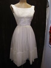 Vintage 1950's White Chiffon Embroidered Cocktail Party Dress Xs/Xxs