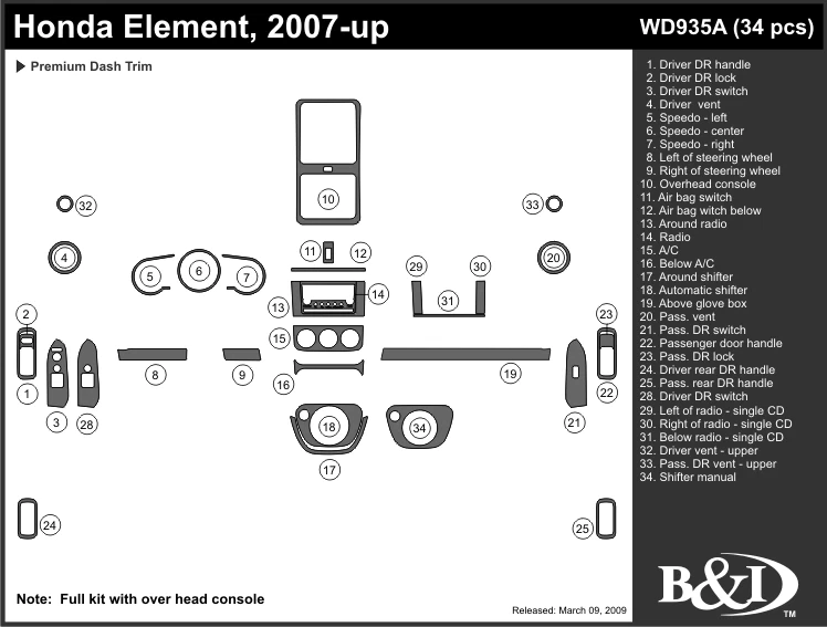 KIT DE MOLDURAS DE TABLERO HONDA ELEMENT 2007 2008 2009 2010 2011 a Foto 1 de 1