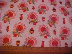VTG Feedsack w/ Lacy Red Medallions Yellow Flowers Red Vases - Picture 1 of 3