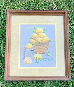 Vintage LEMONS Topiary Basket Embroidery Cross Stitch UNIQUE ART Framed ❤️sj7m5s - Picture 1 of 9