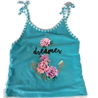 Xhilaration Girls Swim Tank Top Blue Flowers Anchor Dreamer Size Large 10-12 — 第 1/4 张图片