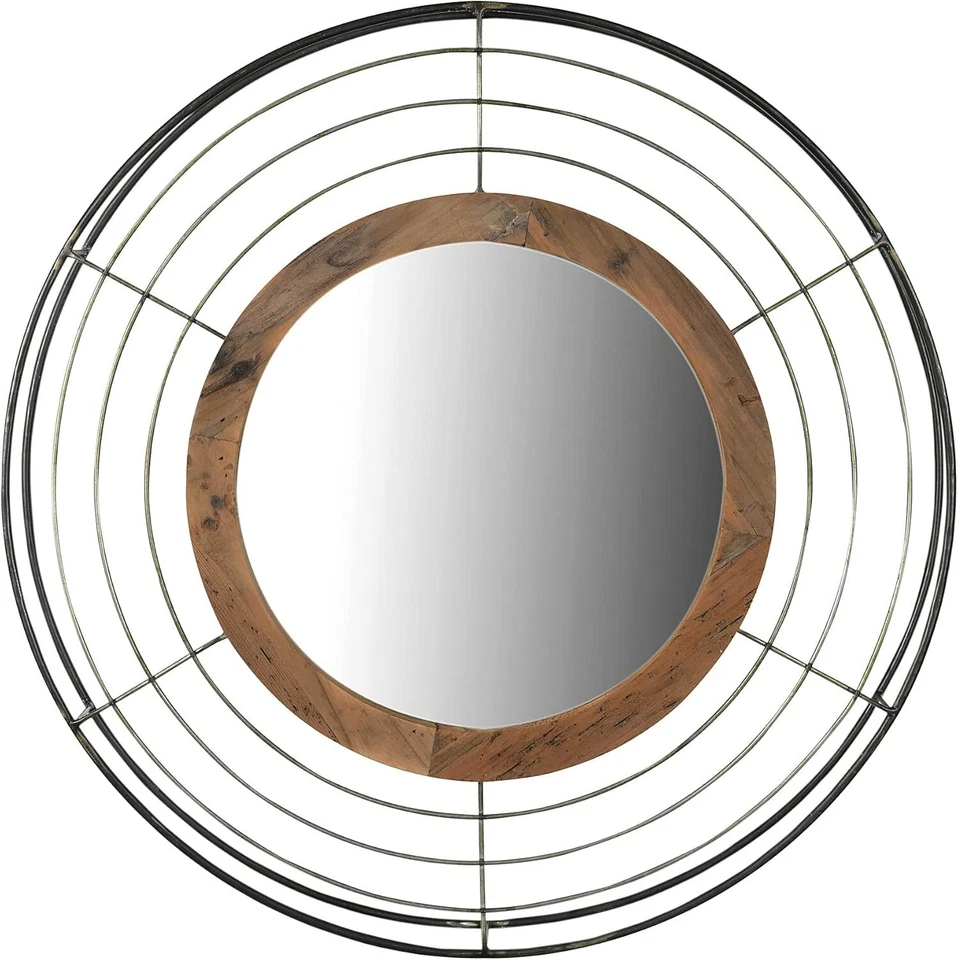 Creative Co-op Round Wall Wood Frame and Metal Wire Surround Mirror Iron