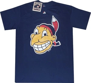 T-shirt blu navy Cleveland Indians Guardians Majestic grande logo nuove etichette - Foto 1 di 2