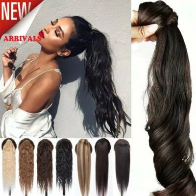 Real Thick 100% Human Hair Ponytail Extensions Wrap Around Pony tail Long Wavy - Image 1 of 4