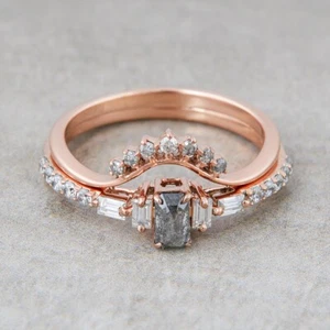Natural Salt and Pepper Diamond and Moissanite Engagement Ring Set 14k Rose Gold - Picture 1 of 12