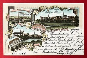 Postal litográfica zirovnice en República Checa 1899 fábrica de telas, castillo, ayuntamiento (105161 - Imagen 1 de 2