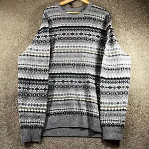 M&S Sweater Men's 2XL Gray Fair Isle Lambswool Tight Knit Round Neck Pullover - Picture 1 of 9