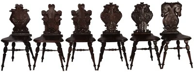 6 Antike Brett Stühle 19 Jh. mit Schnitzereien Pferdeköpfe Löwenköpfe Raubvögel - Bild 1 von 2