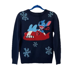 Disney Lilo & Stitch Holiday Christmas Sweater Blue Graphic Kids Youth Size 5/6 - Picture 1 of 6