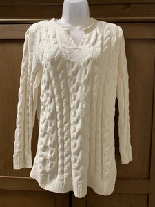 J Jill Chenille Gr. M Zopfmuster Schlitz V-Ausschnitt Tunika Pullover creme elfenbein so weich! - Bild 1 von 15