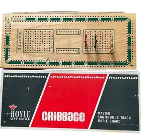 Hoyle Maple Wood Vintage Cribbage Board Master Continuous Track Pegs Box 6x14 - Picture 1 of 5