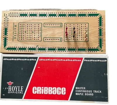 Hoyle Maple Wood Vintage Cribbage Board Master Continuous Track Pegs Box 6x14 - Image 1 of 4