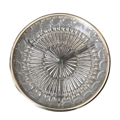 Vintage Pressed Glass 3 Part Relish Dish 9" HEAVY With Metal Band Organizer - Image 1 of 4