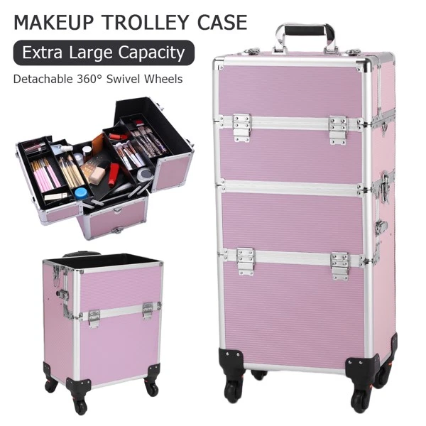 Estuche de Maquillaje Rodante 4 en 1 Aluminio Tren Salón Cosméticos Carro Organizador Caja Foto 1 de 4