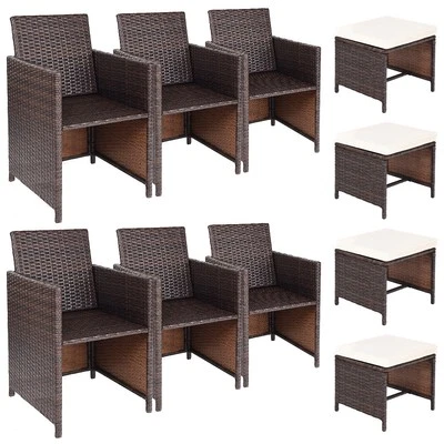 10PCS Outdoor Patio Rattan Wicker Dining Chair Armrest Ottoman Cushioned W/Cover - Image 1 of 4