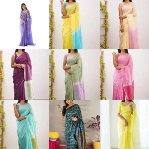 Reine weiche Baumwolle Seide Sari Banarasi Stil mit Blusenteil - Bild 1 von 71