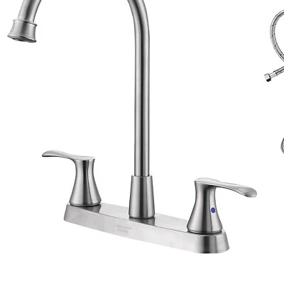 Grifo de cocina de 2 manijas de níquel cepillado sin manchas con rociador lateral y arco alto Foto 1 de 4