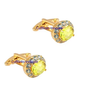Natural Lemon Quartz & Blue topaz Gemstones 925 Silver Gold Plated Cufflinks #43 - Picture 1 of 3