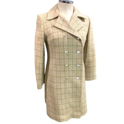 Abrigo Pequeño Vintage Años 60 Crema Cuadros Rosa Verde Etiqueta Unión Doble Pecho Foto 1 de 4