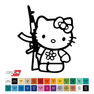 Hello Kitty with AK-47 Permanent Vinyl Sticker Decal 6" x 5.25" CHOOSE COLOR - Picture 1 of 3