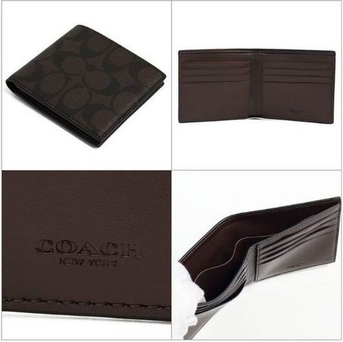 PORTAFOGLIO 8 CARTE COACH F75083 DA UOMO NUOVO CON ETICHETTE $150 FIRMA TELA RIVESTITA doppio portafoglio