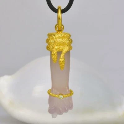 Gold Vermeil Sterling Mano Fico Figa Anhänger Geschnitzt Chalzedon Diamant 10.84 - Bild 1 von 4