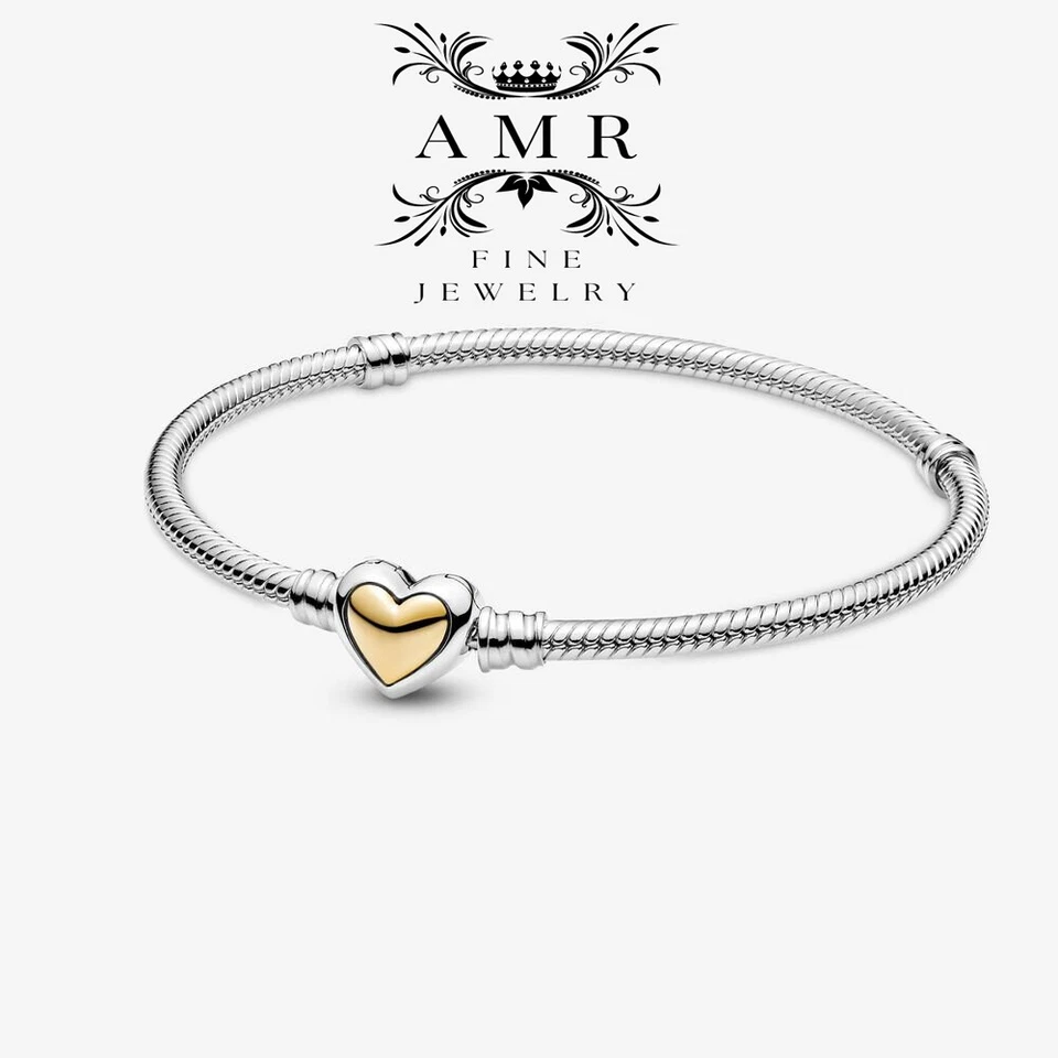 NUEVO 925 Plata de Ley Momentos Cúpula Oro Cierre Corazón Serpiente Cadena Pulsera Regalo Foto 1 de 3