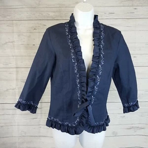 Vents D'Ailleurs Damen Jacke Blazer Gr. 4 blau bestickt Blumen Leinenmischung - Bild 1 von 5
