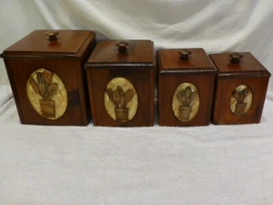Vintage 4 Stück Küche Kanister Set Holz Plexiglas geneigte Platte Landhausutensil - Bild 1 von 12