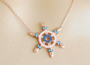 Steuerrad Collier maritim 925er Silber rosé + Glassteine + Geschenkbox ksa17 - Bild 1 von 4