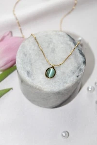 Opal Gold Necklace Stainless Steel Tarnish Free Hypoallergenic - Picture 1 of 9