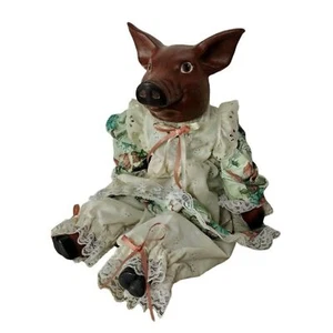 Antike Keramik makabre anthropomorphe Schwein Puppe im Blumenkleid & Unterhose - Bild 1 von 11
