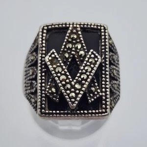 VTG Freemason Black Onyx Marcasite Sterling Silver Signet Ring: As Is - 5 5/8 - Picture 1 of 19