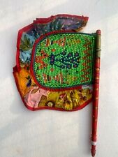 Antique Old Hand Made Wooden Handle Colorful Beads Tribal work hand Hold Fan