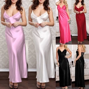 Women Satin Silk Lace Robe Dress Sleepwear Lingerie Long Nightdress Nightgown - Picture 1 of 15