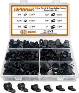 ISPINNER 180pcs Nylon Plastic R-Type Cable Clamps, 1/4" 5/16" One Size, Black - Picture 1 of 5