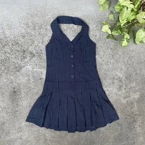 VINTAGE Pinstripe Collared Halter Backless Minidress With Pleated Skirt Y2K SZ10 - Picture 1 of 8