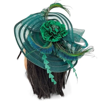 Sombrero Fascinador Verde De Colección Plumas Flor Pavo Real EE. UU. Iglesia Dominical Foto 1 de 4