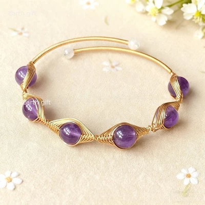 Natural 8mm Amethyst 14k Gold Filled Wire Wrap Adjustable Bangle Women Bracelet - Image 1 of 4