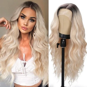 Ombre Blonde Lace Front Wigs for Women Middle Part Natural Curly Wavy Blonde ... - Bild 1 von 9