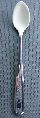 Cuchara de alimentación infantil de acero inoxidable vintage '80 los primeros años punta de goma suave. Foto 1 de 4