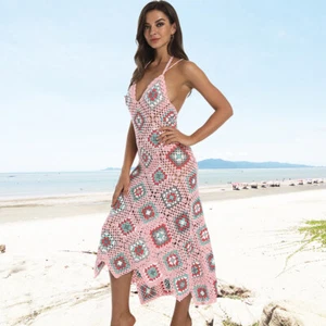 Handmade Crochet Dress Summer Beach Wedding Clothing Plaid Skirt Pink Baby Blue - Picture 1 of 6