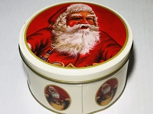 Vintage Christmas Holiday 6” Round Santa Claus Cookie Candy Tin White Red V Good - Picture 1 of 6