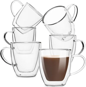 Borosilicate Double Wall Coffee Mugs, 16 oz Clear Glass Set of 6 for Hot & Cold - Picture 1 of 8